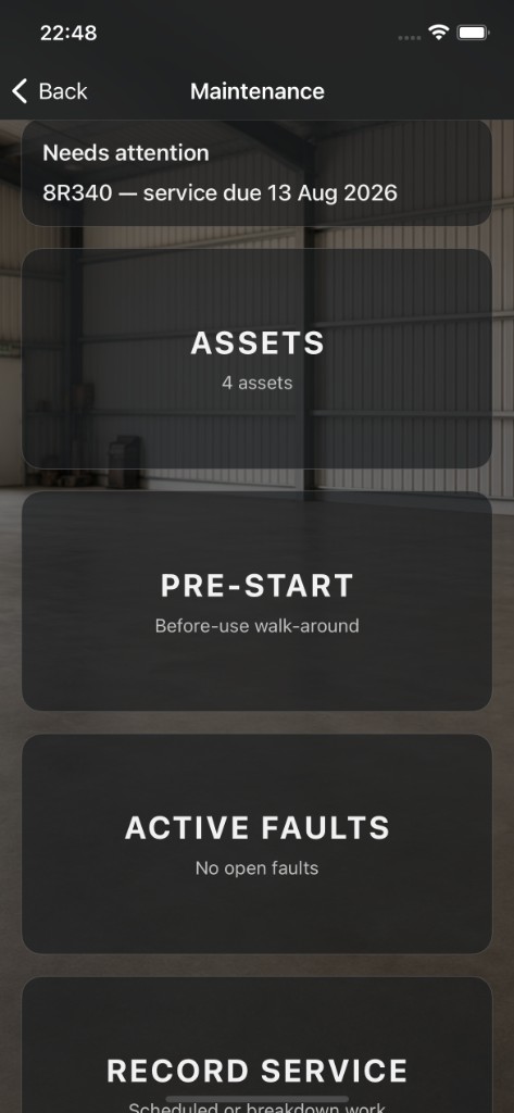 Maintenance hub showing assets, pre-starts, and service due