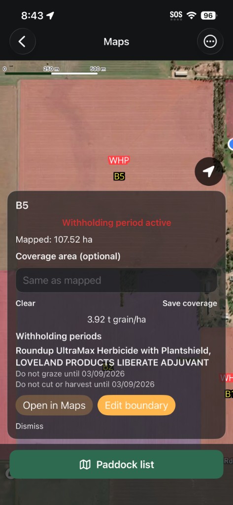 Paddock map showing harvest yield and chemical withholding period dates