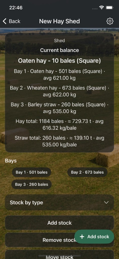 Hay shed storage screen showing bale counts by bay